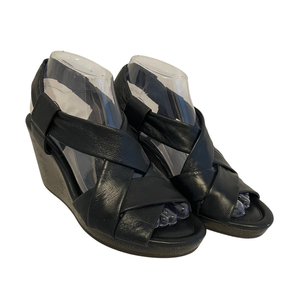 Cole‎ Haan Women's Black Leather Strappy Wedge Heels Sling Back 7.5